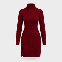 Vestito Donna Dolcevita Cable-Knit Manica Lunga con Spacco Laterale | Borgogna Nero Beige Grigio | Taglie S-3XL