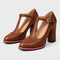 Stivali Donna Brogue T-Bar Tacco a Blocco Look Sleek | Marrone Nero | Taglie EU 35-43