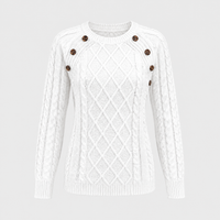 Maglione Donna Cable Knit con Dettaglio Bottoni | Bianco Marrone | Silhouette Classica | Taglie UK 12-20