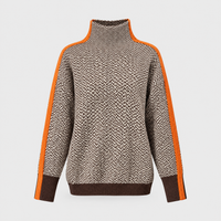 Maglione Donna Oversize Dolcevita Motivo Herringbone con Bordo a Contrasto | Arancio Verde | Taglia Unica