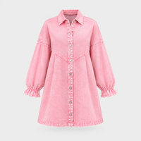 Vestito Mini Donna in Denim Washed con Bottoni e Manica a Ruche | Rosa Blu Nero | Taglie S-3XL
