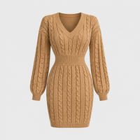 Vestito Donna Cable-Knit Scollo a V Manica Lunga Elegante | Nove Colori | Taglie S-L