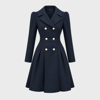 Cappotto Donna Longline Doppiopetto Svasato Plissettato Effetto Lana | Cammello Nero Blu Navy Giallo | Taglie S-2XL