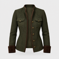 Giacca Utility Donna in Tweed Herringbone con Bottoni Oro | Verde Militare | Taglie S-3XL