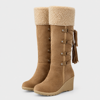 Stivali Donna al Ginocchio Invernali con Bordo Peluche Tacco Zeppa | Beige Nero Marrone | Taglie EU 35-43