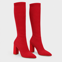Stivali Sock Donna al Ginocchio in Maglia Tacco a Blocco Stretchy | Nero Rosso Beige Marrone | Taglie EU 35-43