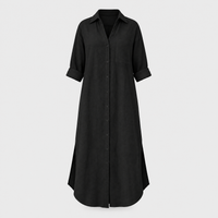 Vestito Maxi Camicia Donna Oversize Manica Lunga con Bottoni e Colletto | Nero Lino Naturale | Taglie XS-2XL