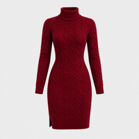 Vestito Midi Donna Cable-Knit Dolcevita Manica Lunga | Borgogna Nero Beige Grigio | Taglie S-3XL