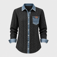 Camicia Maglione Donna Cable-Knit Structured Denim Patchwork con Bottoni | Grigio Scuro Rosa Khaki Blu Scuro | Taglie S-3XL