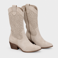 Stivali Donna al Ginocchio Morbido Perforato Tacco a Blocco | Bianco Nero Beige Marrone | Taglie EU 35-43