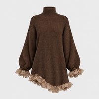 Vestito Donna Mini Oversized Collo Alto con Bordo in Pizzo | Marrone | Taglie XS-3XL