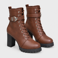 Stivaletti Donna Combat Stringati con Tacco Squadrato e Cinturino Fibbia | 3 Colori | Taglie EU 35-43