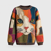 Maglione Donna Stampa Cat Artistica Vestibilità Rilassata a Maglia | Multicolore | Taglie S-5XL