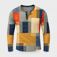 Maglione Uomo Henley Retro Colourblock Manica Lunga a Maglia | Arancio Verde Blu Grigio | Taglie S-4XL