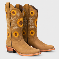 Stivaletti Cowboy Donna con Ricamo Sunflower Pull-On Western | Khaki Marrone Scuro Marrone | Taglie EU 35-43