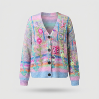 Cardigan Donna Oversize con Bottoni Fantasia Floreale Stampata | Comfort Autunno | Grigio Arancio Blu | Taglie S-3XL