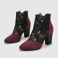 Stivaletti Donna Peep-Toe Tacco a Blocco Punta Appuntita con Pizzo | Rosso Nero | Taglie EU 35-43
