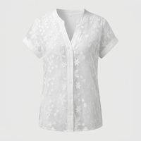 Camicetta Donna Scollo a V in Pizzo Floreale con Bottoni Manica Corta | Bianco | Taglie S-2XL