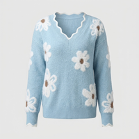 Maglione Donna Scollo a V Fluffy Fantasia Margherita | Blu Khaki Grigio Verde Oliva Blu Chiaro | Taglie XS-XL