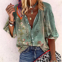 Blusa Donna Boho Fantasia Floreale Scollo a V con Bottoni | Cinque Colori | Range Taglie Plus | Taglie S-5XL
