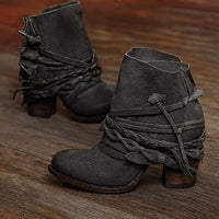 Stivaletti Western Boho Donna con Cinturino Tacco a Blocco | Marrone Grigio | Taglie EU 35-43
