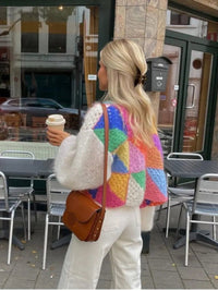 Cardigan Donna Cropped Patchwork Colourblock a Maglia | Viola Rosa | Taglie S-L