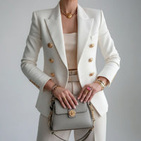 Blazer Cappotto Donna Doppiopetto con Bottoni Oro | Bianco Blu | Look Statement | Taglie XS-2XL