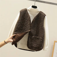 Gilet Donna Smanicato in Pile Sherpa Puffer con Bottoni | Marrone Beige Khaki | Taglie S-XL