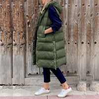 Gilet Donna Lungo con Cappuccio Trapuntato Puffer Smanicato | Verde Militare Panna Nero Khaki Bordeaux | Taglie XS-3XL