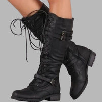 Stivali Combat Donna al Ginocchio in Materiale Morbido con Lacci e Fibbia | Nero Marrone Bronzo | Taglie EU 35-43